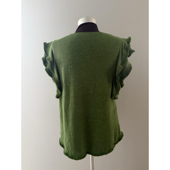Chicos Linen Top Size M Green Ruffle Flutter Sleeve Relaxed Fringe Preppy Forest - Picture 6 of 16